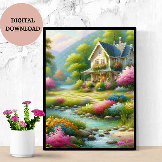 Enchanting Cottage by the River — Printable Wall Art