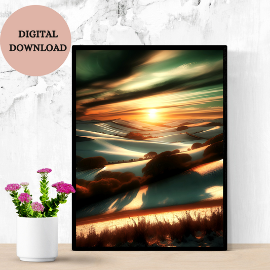 Dramatic Sunset Over Rolling Hills — Printable Wall Art