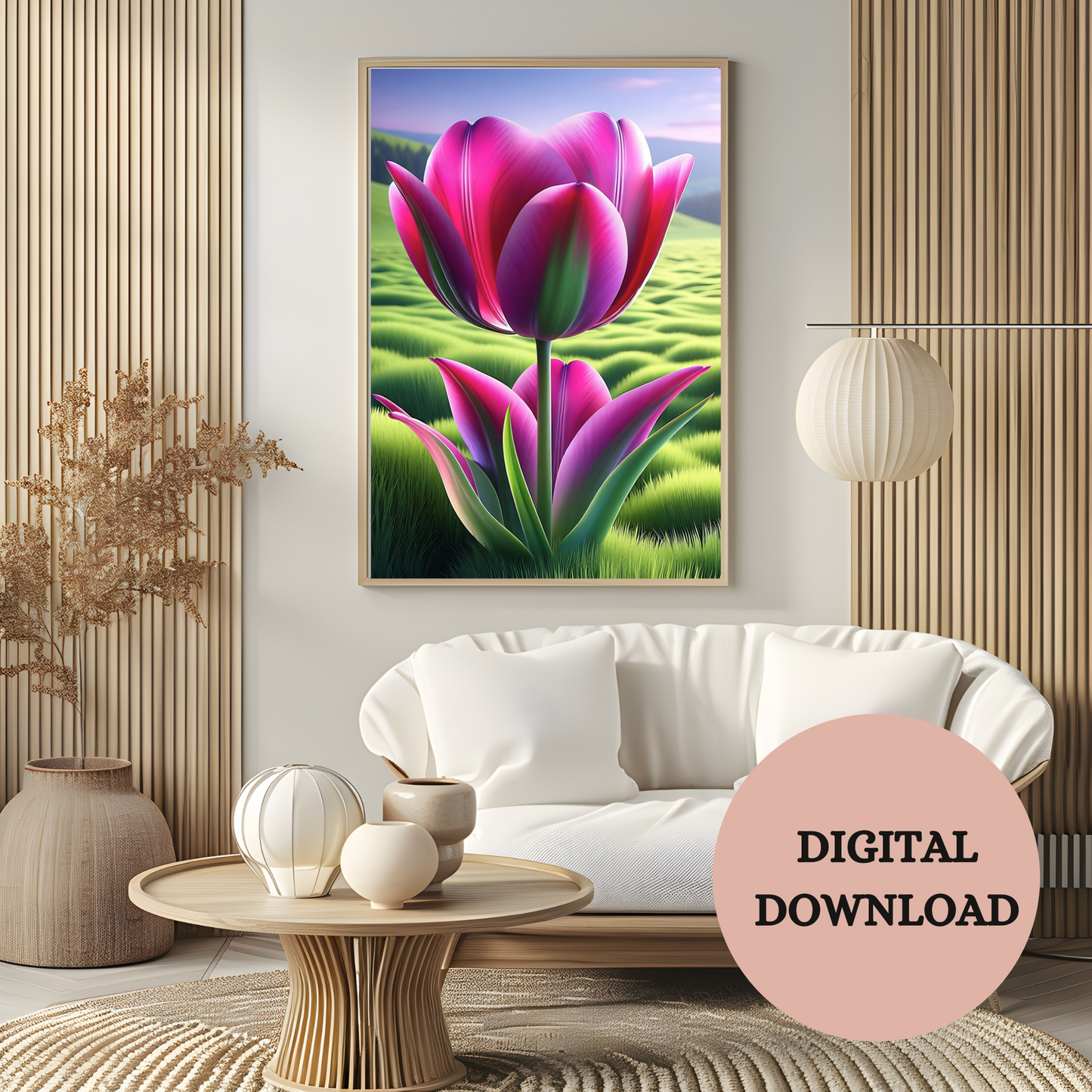 Vibrant Tulip in a Dreamy Landscape — Printable Wall Art