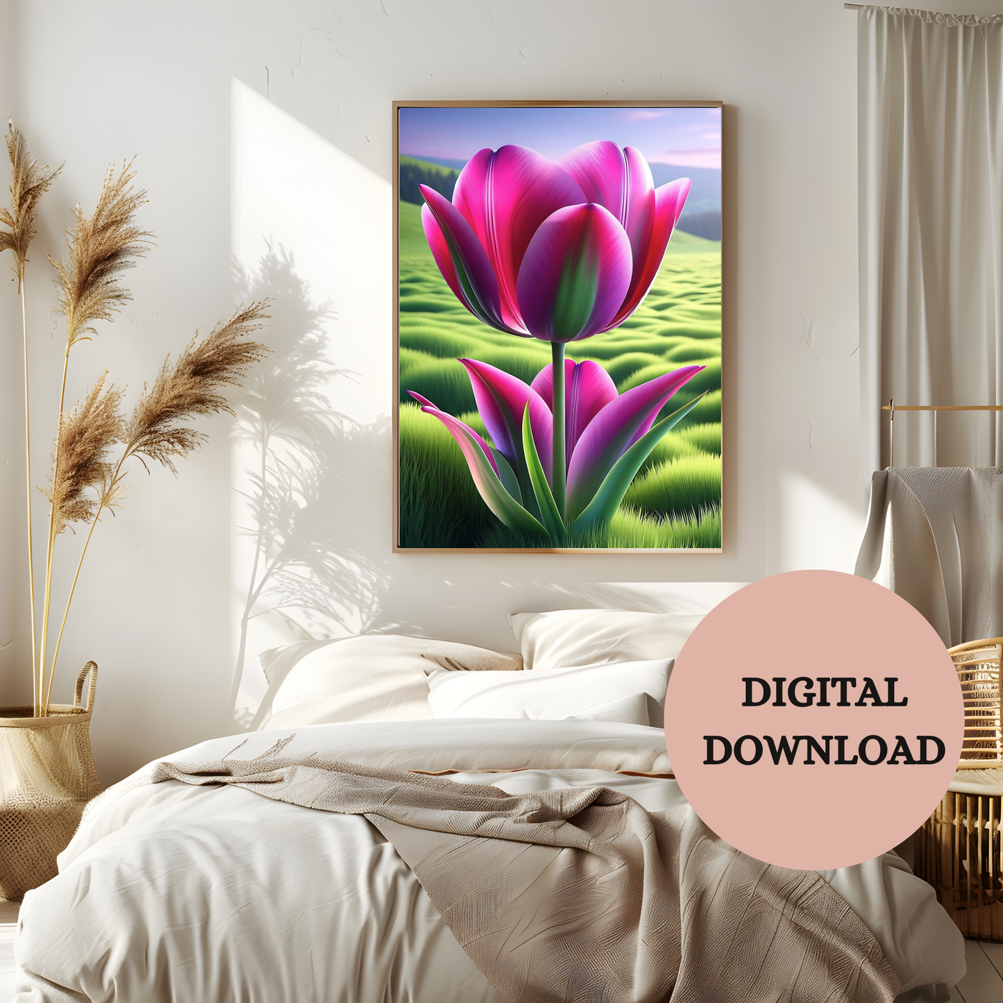 Vibrant Tulip in a Dreamy Landscape — Printable Wall Art