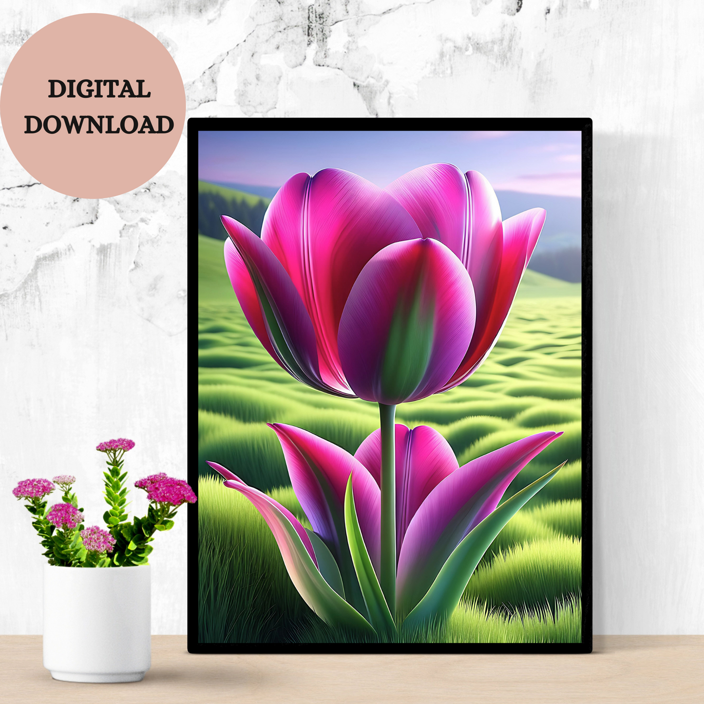 Vibrant Tulip in a Dreamy Landscape — Printable Wall Art